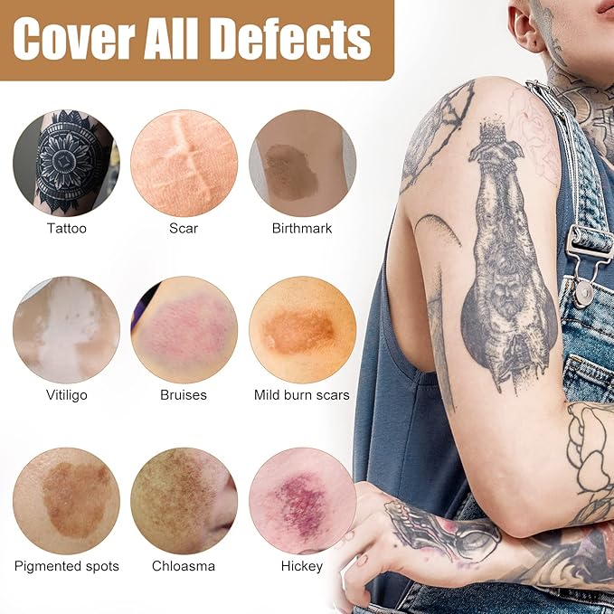 Tattoo Cover Up, 2 Colors Waterproof & Sweatproof Tattoo Cover Up Makeup, Long Lasting and Invisible Body Makeup Suitable for Vitiligo, Dark Spots, Scars-Natural