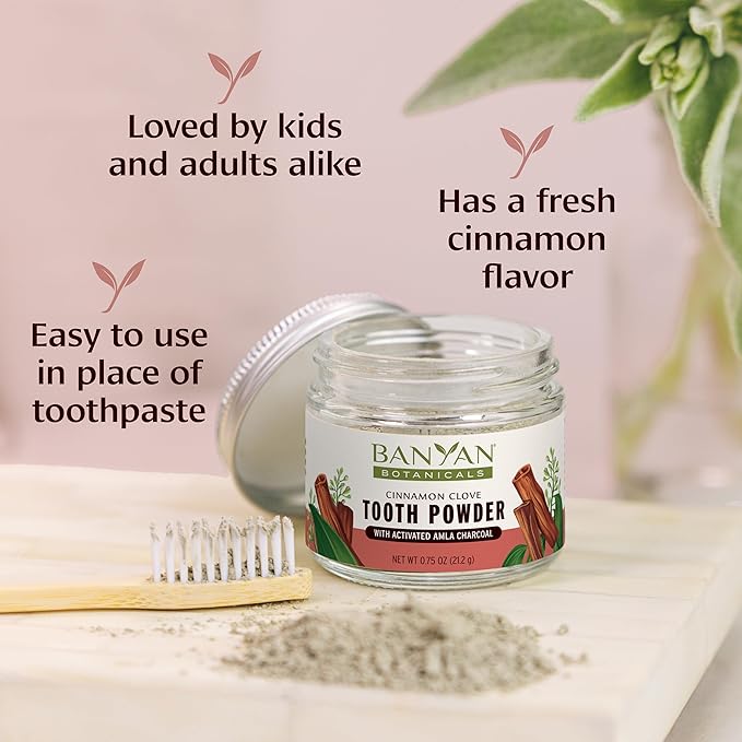 Banyan Botanicals Cinnamon Clove Tooth Powder – Ayurvedic Fluoride-Free Toothpaste Alternative with Miswak & Activated Charcoal from Amla – 0.75oz, 80+ Uses – Non GMO Sustainably Sourced Vegan