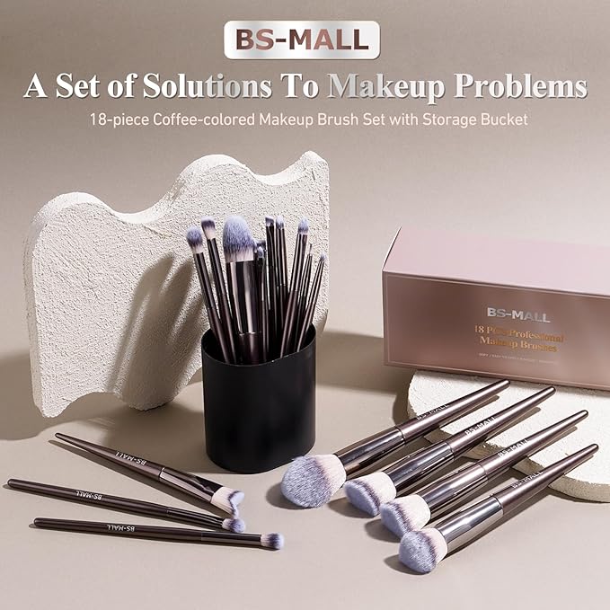 BS-MALL Makeup Brush Set 18 Pcs Premium Synthetic Foundation Powder Concealers Eye shadows Blush Makeup Brushes with black case (Coffee)