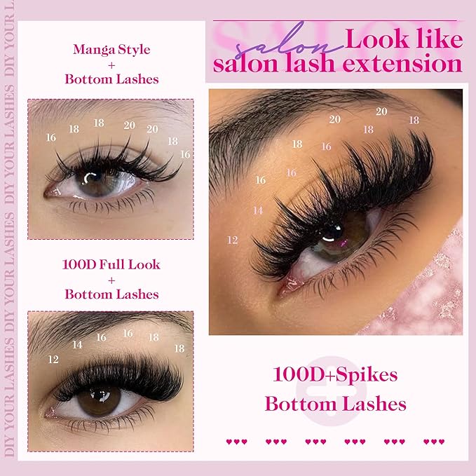 CORUSCATE 100D Lash Clusters Kit with Bottom Lashes Spikes DIY Lash Extension Kit Thick Cluster Eyelash Extensions 5-20mm Cluster Lashes Strips Eyelash Clusters Individual with Lashes Glue
