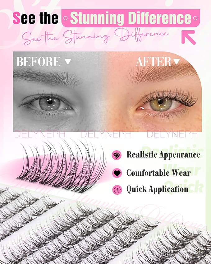 Natural Lash Clusters Kit 10-12-14mm Short Eyelash Clusters Kit Wispy Cluster Eyelash Extensions Clear Band Lash Extensions Kit C Curly Individual Lashes Clusters by Delyneph