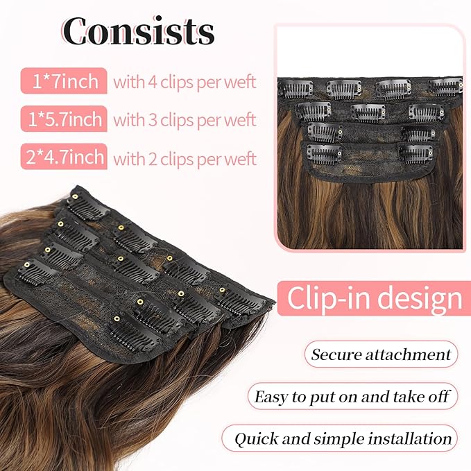 KooKaStyle Clip in Hair Extensions Long Wavy 4PCS Thick Hairpieces Synthetic Highlight Hair Extensions Balayage Dark Brown to Chestnut H2/426 Fiber Double Weft Natural 24Inch for Women