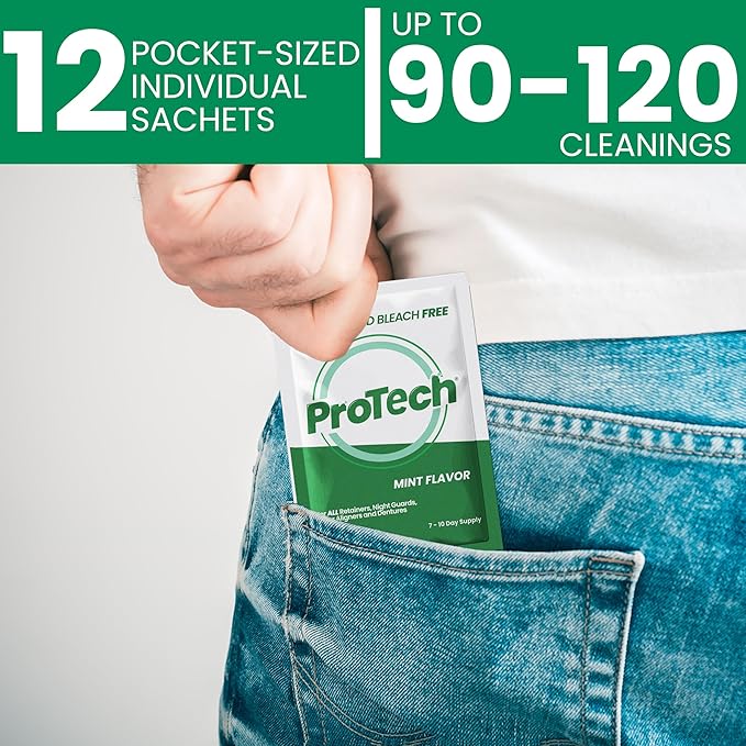 ProTech Retainer Cleaner - 90 - 120 Cleanings (0.23 Per Cleaning) 12 Pack/3 Month Supply - For Clear Aligners, Dentures, Retainers, Mouth Guards & Night Guards - Cleaning Crystals, Mint