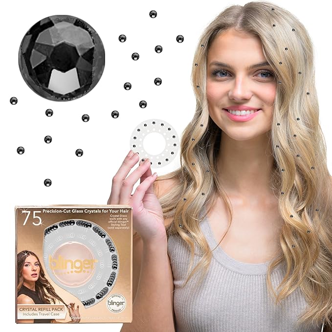 blinger® Shimmer Crystal Refill Pack – as seen on Shark Tank | 5 Discs – 75 Precision-Cut Glass Crystals | Hair-Safe Accessories | Styling Tool Not Included| Black Diamond 4 mm
