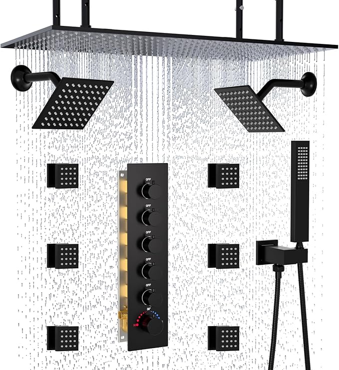 HOMEDEC Dual Side 6" Wall Mounted and 15.7x31.5" Shower Head System, with Handheld and 6 Spray Jets, Ceiling Mount Rain Shower Faucet Set, Black