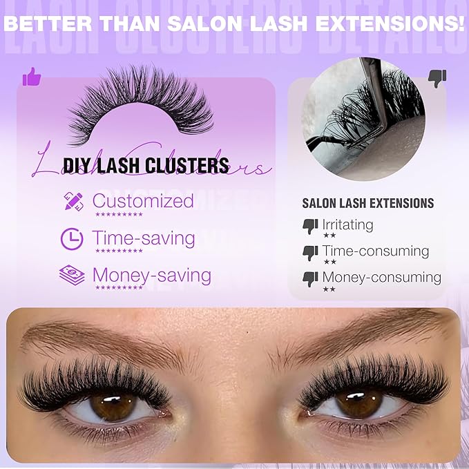 EYDEVRO Lash Clusters Kit 60D80D100D Volume Lash Extension Kit Wispy Cluster Eyelash Extensions Eyelash Extension Kit 10-18mm D Curvature Cluster Lashes with Lash Bond and Seal Tweezers Brushes