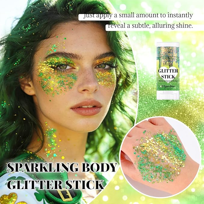 DAGEDA Laser Green Body Glitter Stick,St Patricks Day Accessories,Sparkly Face Glitter Makeup,Holographic Hair Glitters St Paddys Outfits for Women, Shimmer Face Paint Stick for Mardi Gras Accessories