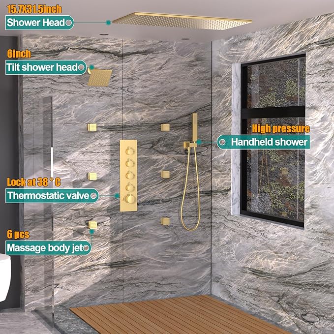 HOMEDEC 15.7x31.5" Rainfall and 6" Dual Shower Heads with Handheld Spray Combo, Full Body Shower System with 6pcs Body Jets, Brushed Gold