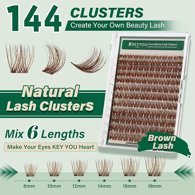 KEYYOU Brown Lash Clusters 144pcs Eyelash Clusters 8-18MIX D Curl Cluster Lashes Soft Wispy Lashes Clusters Natural Look Brown DIY Lash Extension At Home(Brown04-D-8-18MIX)