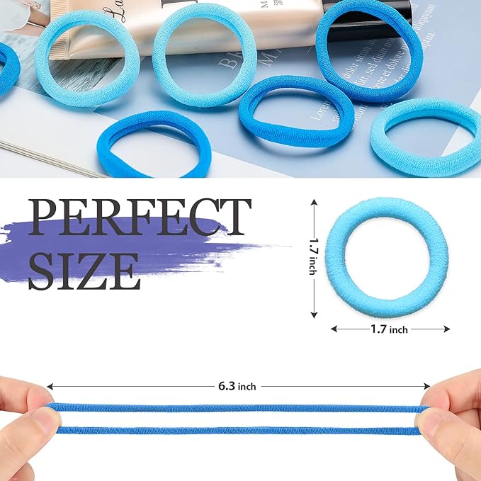 50Pcs Hair Ties for Women Girls,Cotton Seamless Hair Ties, Soft Ponytail Holders,No Crease No Damage Elastics Hair Bands with Box for Thick Heavy and Curly Hair (Blue)