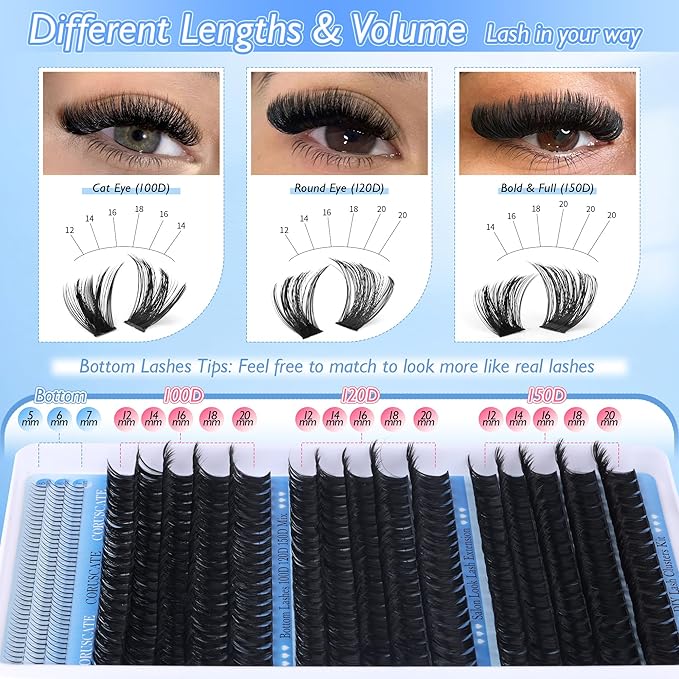 CORUSCATE Lash Clusters 100D120D150D with Bottom Lash, Cluster Eyelash Extensions Long 12-20mm DIY Cluster Lashes Thick Eyelash Clusters Volume Individual Lashes Extension 390pcs Eyelashes Strip