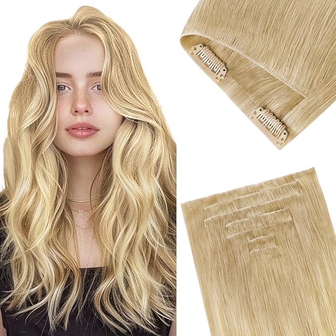 GOO GOO Invisi Edge Clip in Hair Extensions, 20inch 110g 7Pcs, Injected Seamless PU Clip in Hair Extensions, Virgin Real Human Hair, #18AT60A Pearl Ash Blonde Highlights