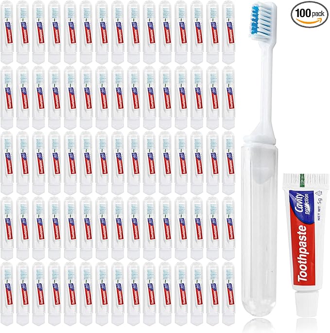 Toothbrush and Toothpaste Travel, Individually Packaged with Storage Box, Foldable Storage, Toothbrush Travel Size is Suitable for Camping, Business Trip (100-PACK)