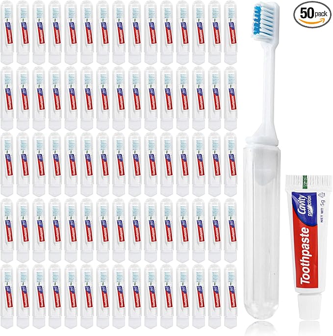 Travel Toothbrush, Toothbrush and Toothpaste, Individually Packaged with Storage Box, Foldable Storage, is Suitable for Travel, Camping, Business Trip (PACK-50)