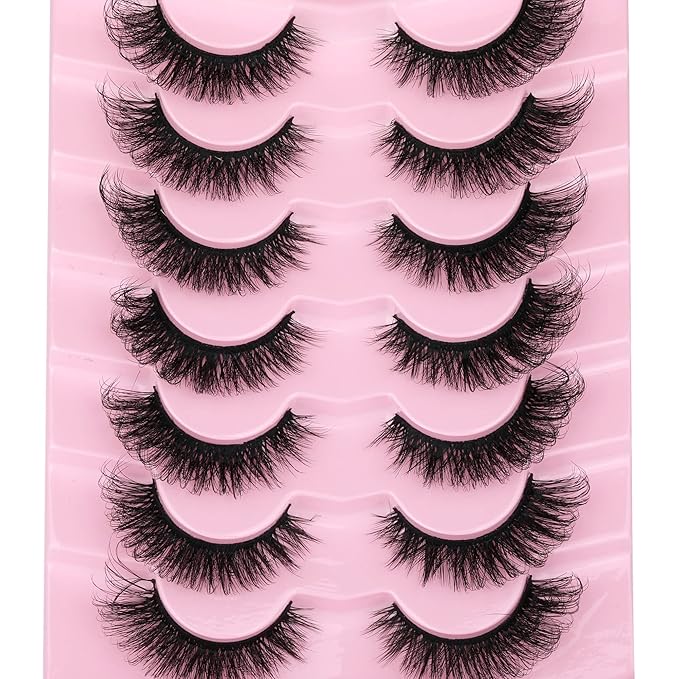 JIMIRE Faux Mink Lashes Fluffy Cat Eye Natural False Eyelashes Volume Wispy Fox Eye Crossed 17MM Thick Fake Lashes Look Like Eyelash Extensions Pestañas 7 Pairs Pack