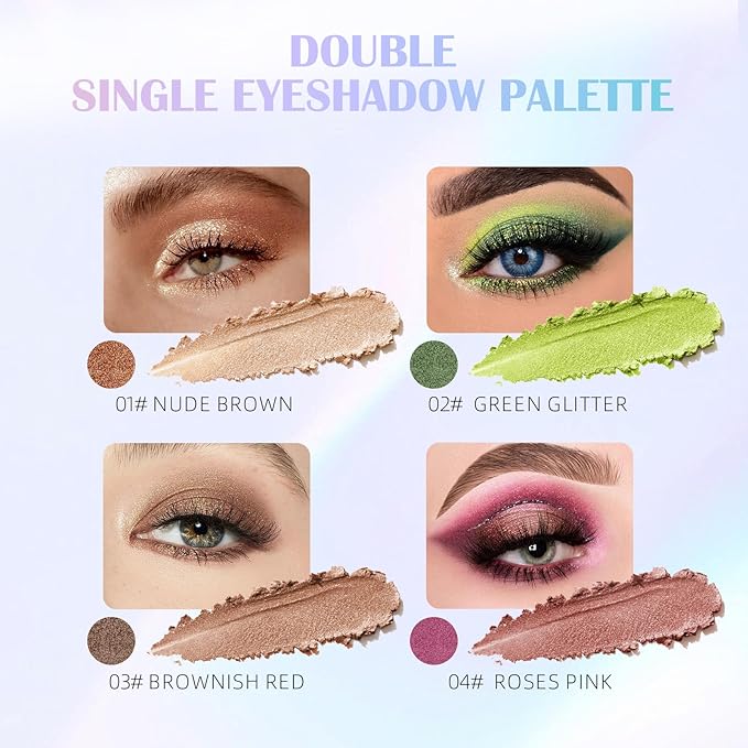 2Pcs Green Glitter Eyeshadow Palette, Brown Double Colors Sparkling Eye Shadow Palette, High Pigment Single Eyeshadow, Blendable & Smooth Eye Makeup for Women, Nude Brown & Green Glitter