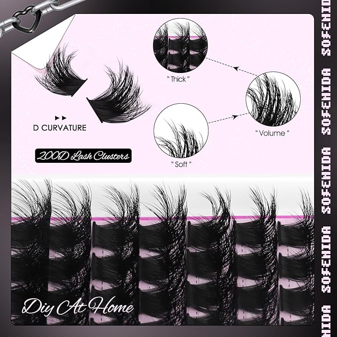 Lash Clusters Kit Thick 200D Lash Extension Kit 10-18mm Volume Cluster Lashes D Curvature Cluster Eyelash Extensions DIY Lash Extension kit at Home(200D-10-18MIX Thick Kit)