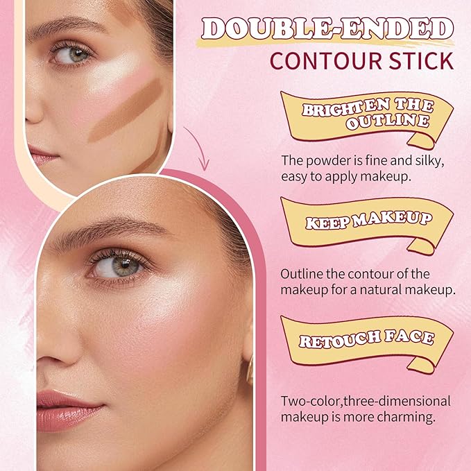 AWCCXMYM 6 Colors Cream Contour Stick Makeup Set Dual-ended Blush & Highlighter Bronzer Stick for Sculpt the Cheeks Long Lasting & Waterproof Matte Finish Face Contouring Set B