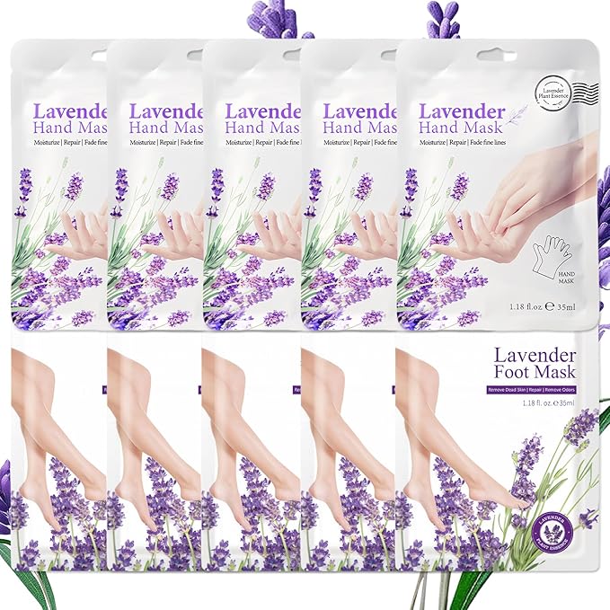 Lavender Hand and Feet Mask, 5 Pairs Hydrating Hand Mask, 5 Pairs Foot Peel Masks, Softening Hand Mask Gloves and Foot Masks Moisturizing Socks for Men Women Dry, Rough,Cracked Skin