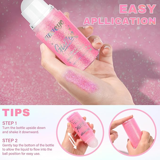 Roll-on Face Body Glitter Gel for Women, 1.69oz Large Capacity Holographic Color Changing Glitter Gel Shimmer Makeup for Singer Concert Festival Rave Accessories, #4 Holographic Pink