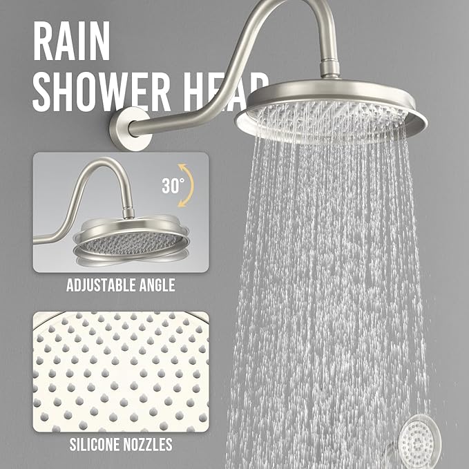 DASAN Antique Shower Faucet Sets Complete Rain Shower System in Wall with Body Shower Spray Jets, Brushed Nicke Shower Fixtures with Rainfall Overhead Shower, Handheld, Valve & Trim Kit, AT249W-BN