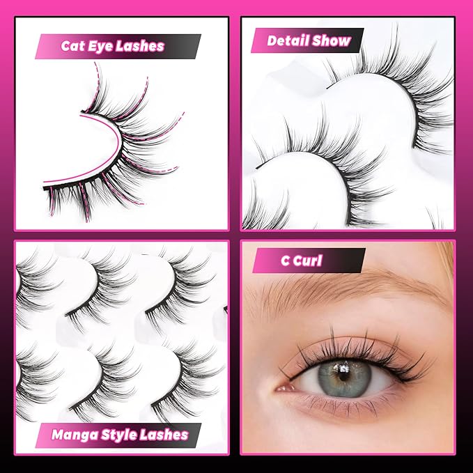 Veleasha Manga Lashes Spiky False Eyelashes 100% Handmade Eyelashes Anime Fake Lashes Lightweight Wispy Lashes 5 Pairs Pack (6D75)
