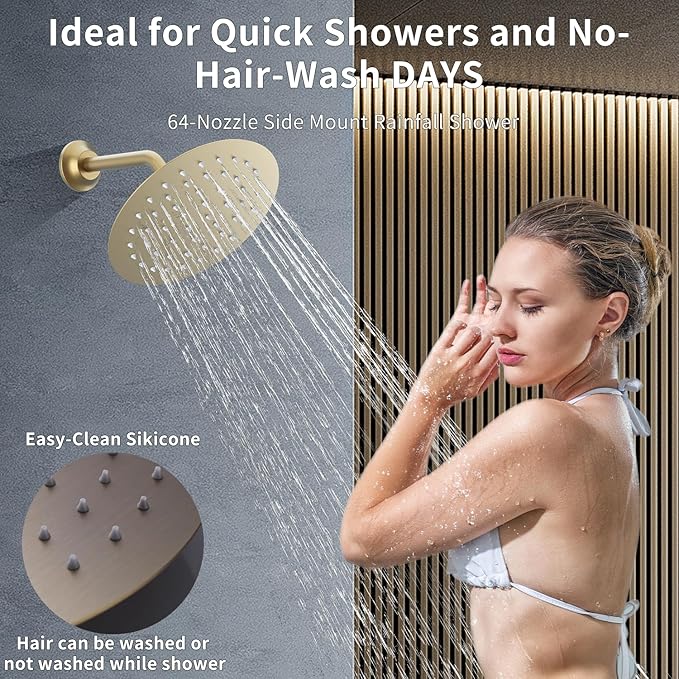 HONGTONGSOWER 12Inch Brushed Gold Ceiling Shower System & 8Inch Wall-Mount Shower Faucet Set, 2 in 1 Handheld with Adjustable Slide Bar Included Temperature Display Valve and Trim Kit Can Work At Once