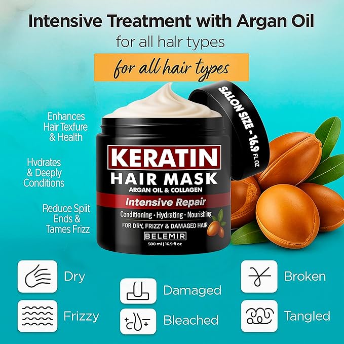 BELEMIR Keratin Hair Mask – Deep Conditioning for Damaged Hair – Collagen & Argan Oil Treatment – Hydrating & Repairing – Sulfate & Paraben Free – 500 ml / 16.9 fl oz