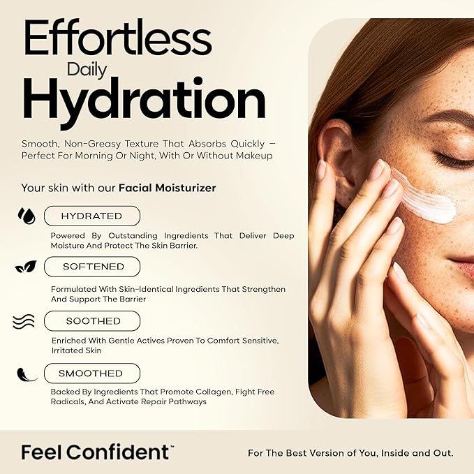 Feel Confident Facial Moisturizer for Men and Women - Plastic Surgeon Formulated with Shea Butter, Hyaluronic Acid, Ceramides, and Antioxidants, Lightweight, Hydrating, Non-Greasy 1.7 fl.oz / 50 mL