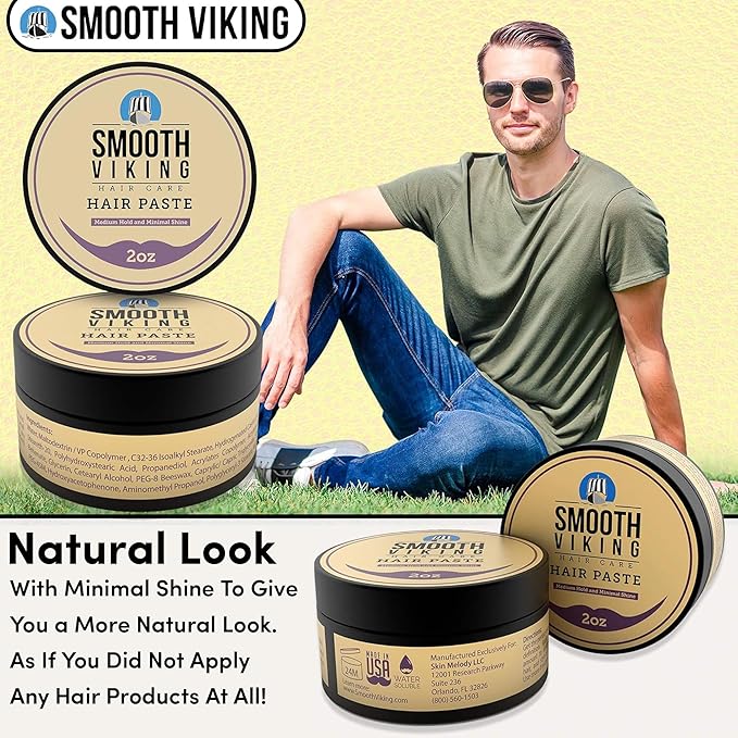 Smooth Viking Hair Paste for Men - Hair Styling Cream with Minimal Shine & Medium Hold Hair Products for Men, Hair Cream for Men, Styling Paste for Textured Messy Hairstyle - Made in USA, 2oz