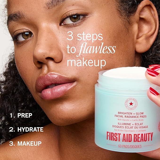 First Aid Beauty - Facial Radiance Pads with Glycolic & Lactic Acids, Daily Exfoliating Pads with AHA, Visibly Smaller Pores, Help Tone & Brighten Skin, One-Step Makeup Prep, Compostable, 90ct
