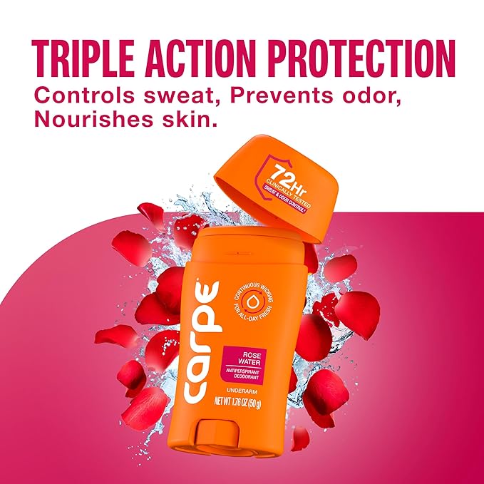 Carpe Underarm Antiperspirant for Women - 72 Hour Sweat & Odor Control - Women's Sweat Control Antiperspirant Deodorant - Extra Strength - Rose Water - 2 Pack