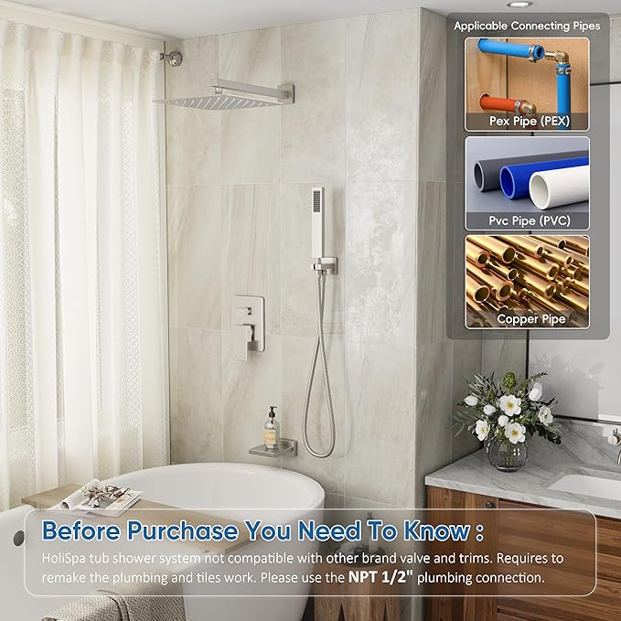HoliSpa Shower System with Tub Spout, All Metal Tub Shower Faucet Set with 10" Rain Shower Head and Handheld Spray combo, Wall Mounted Tub Shower Systems with Valve and Trim Kit, Brushed Nickel