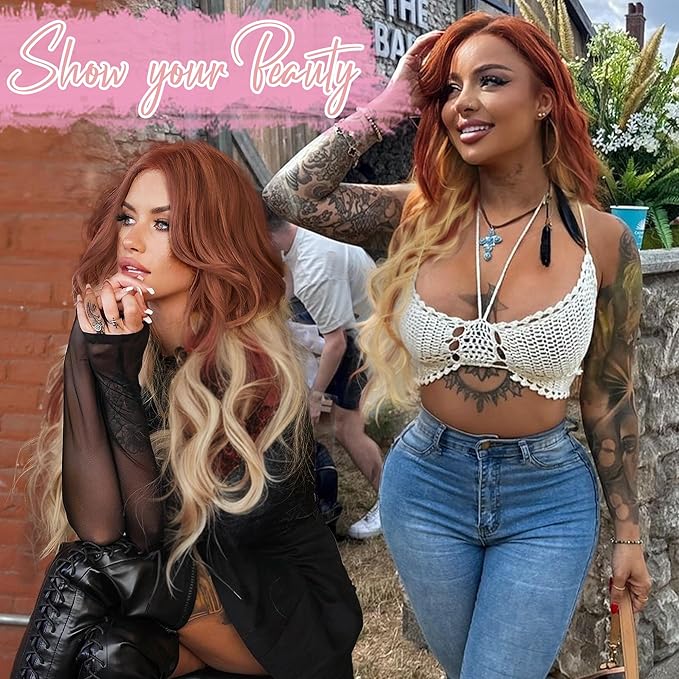 AISI HAIR Copper Blonde Wig for Women, Long Wavy Lace Hairline Middle Part Synthetic Wig for Daily Party-26 Inch