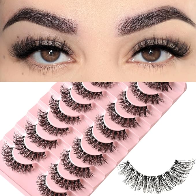FARRED Natural False Eyelashes Cat Eye Lashes Strips Invisible Band Fake Mink Strip Lash Wispy Thin Clear Band Cateye Eye Lash Pack Full Volume Medium Length 8-14 mm Short Wispies Pestañas Postizas