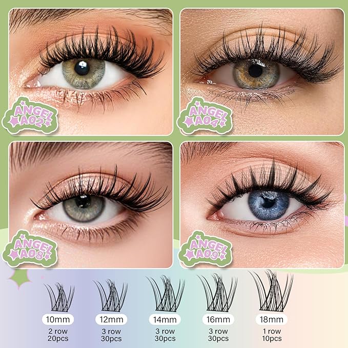 KEYYOU LASH Extension Kit 120Pcs Angel Lash Clusters Kit Thick Eyelash Extension Kit with Glue and Seal,Tweezers,Remover for DIY lash extension kit at Home（Kit-Angel A04-D-10-18MIX）