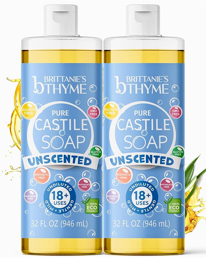 Brittanie’s Pure Castile Liquid Soap Refill, Unscented, 32 Ounce Pack of 2 | Dish Soap, Hair & Body, Home, Gentle and Pure, Made with Natural Luxurious Oils, Vegan & Gluten Free Non-GMO
