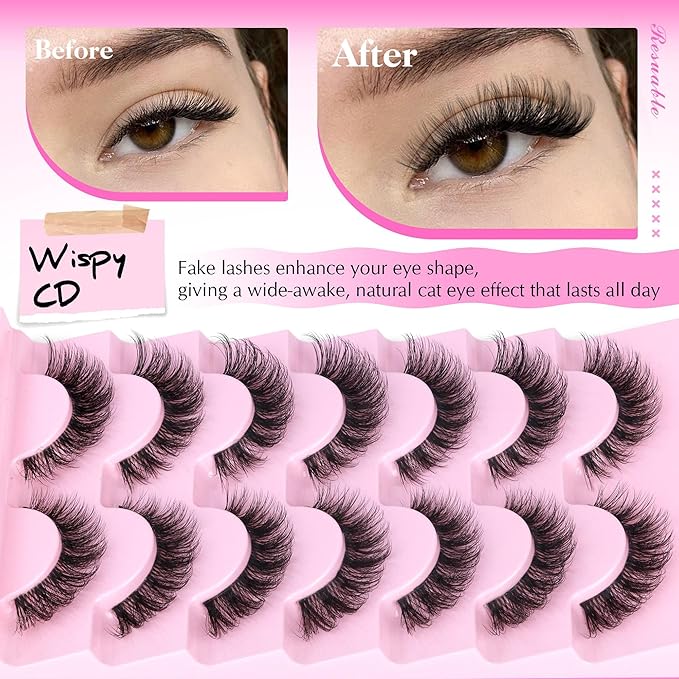 Clear Band False Eyelashes Wispy Lashes Mink Cat Eye Lashes Natural Look Eyelashes Pack Soft Light CD Curvature, 7 Pairs