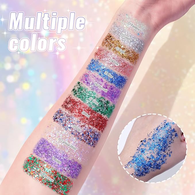 Blue Face Body & Hair Glitter Stick for Singer Concerts Outfit, Shimmer Stick Gel for Women, Sparkling Holographic Chunky Sequins for Rave Festival Halloween Carnival, 0.56oz