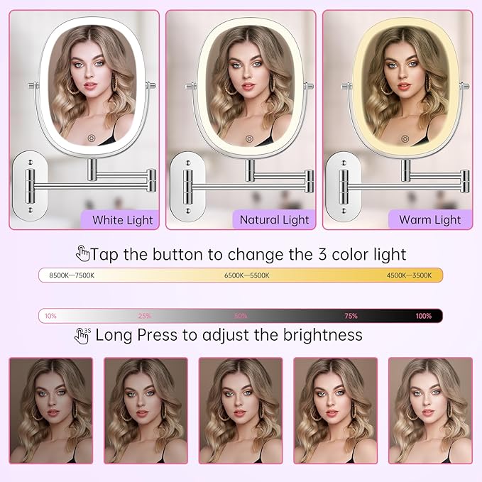 FUNTOUCH Wall Mounted Makeup Mirror with Light, Oval Rechargeable Double-Sided 7X/1X Magnifying Mirror, Vanity Mirror Dimmable 3 Color Light, 360° Extension Rotation Foldable 13.5 in