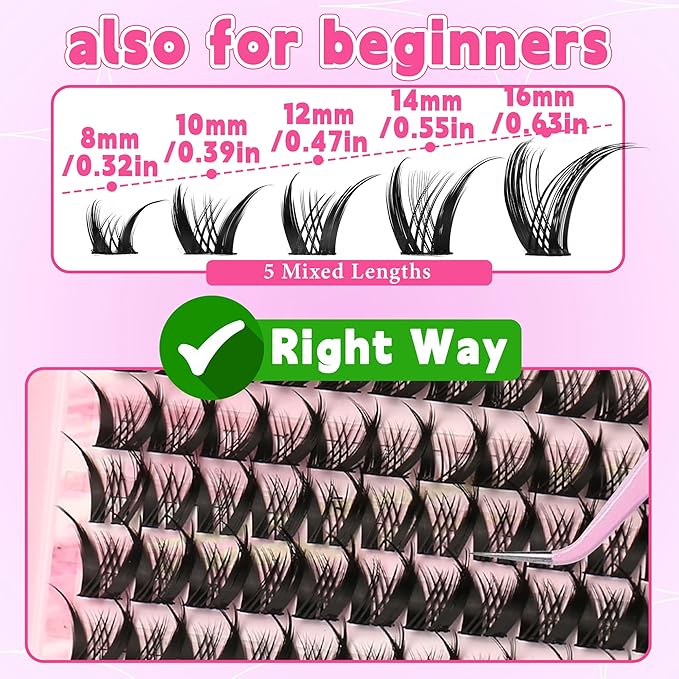 Lash Clusters Kit Manga 8-16mm Light-Volume Natural Wispy Eyelash Clusters C/D Curl Eyelash Extension Kit Spiky Cat Eye Individual Lash Eyelash Clusters with 0.05mm Ultra-Thin Black Band