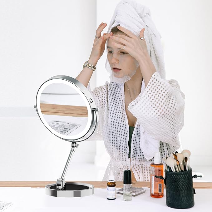 Rocollos 9" Large Lighted Makeup Mirror with 1X/10X Magnification, 4000mAh Rechargeable Vanity Mirror with Height Adjustable & 3 Color Dimmable Lights (9 Inch-Chrome)