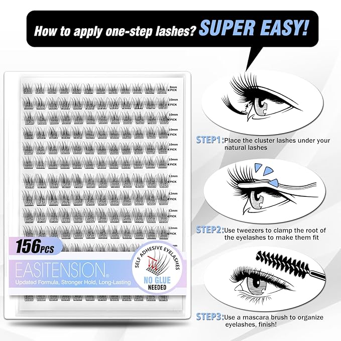 Self Adhesive Eyelashes Upgraded 156 PCS EASITENSION Clusters Kit Lash Clusters DIY Eyelashes Pre Glued No Glue Needed No Remover No residue