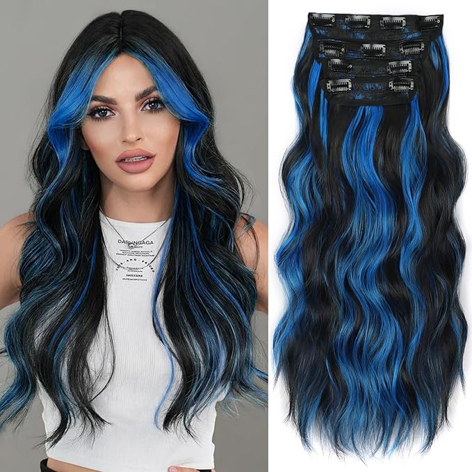 ALXNAN Clip in Long Wavy Synthetic Hair Extension 24 Inch Black Mix Blue Highlights 4PCS Thick Hairpieces Fiber Double Weft Hair for Women