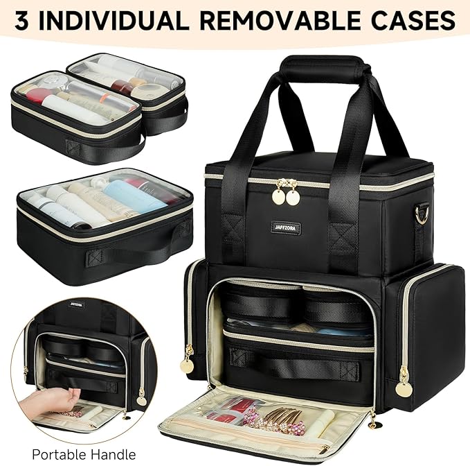 Jaffzora Extra Large Makeup Bag with 3 Removable Cases, Double Layers Travel Cosmetic Storage Organizer Bag with Detachable Dividers, Black