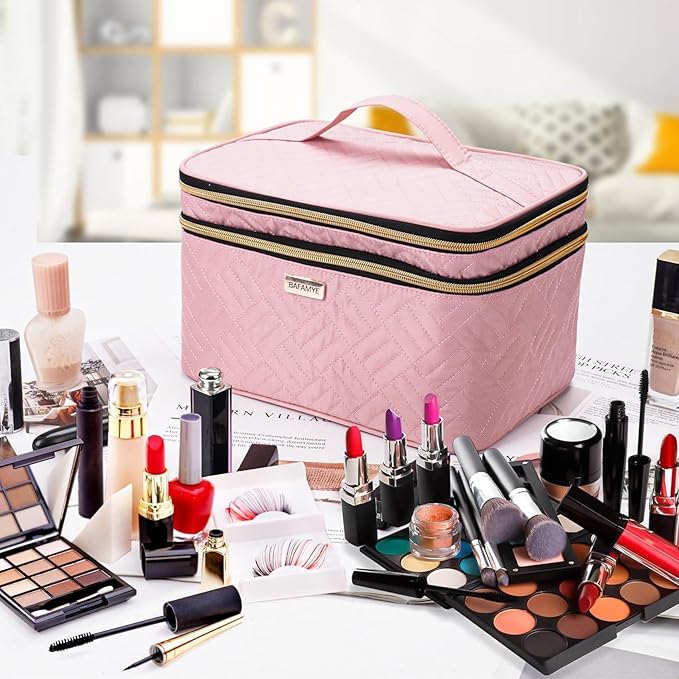 BAFAMYE 8.8L Double Layer Travel Makeup Bag With Mirror For Women, Large Cosmetic Case, Organizer for Travel-Size Accessories Bottles, Brushes,and Skin Care Products, 2.33 GAL, Pink