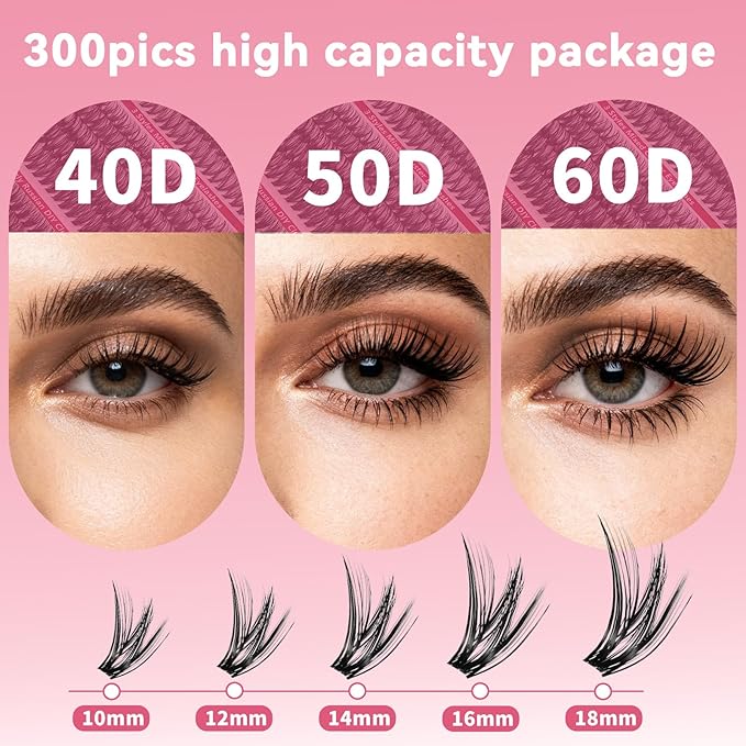 Lash Clusters 300PCS Soft Cluster Eyelash Extended By 10-18mm Wispy Individual Lashes With 40D+50D+60D Volume Eyelash Clusters DIY Homemade Curly Lash Eyelashes