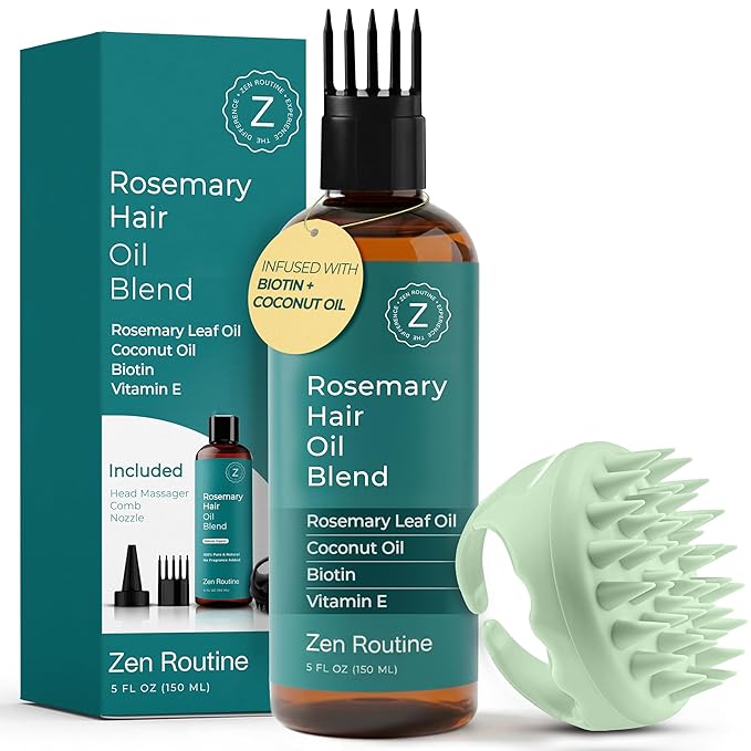 Organic Rosemary Coconut Oil + Head Massager Hair Growth Set — Strengthening Biotin Hair Thickening Serum – Dry Scalp, Frizzy, Damaged Split Ends Treatment – Color Safe, All Hair Types – 5oz Bundle