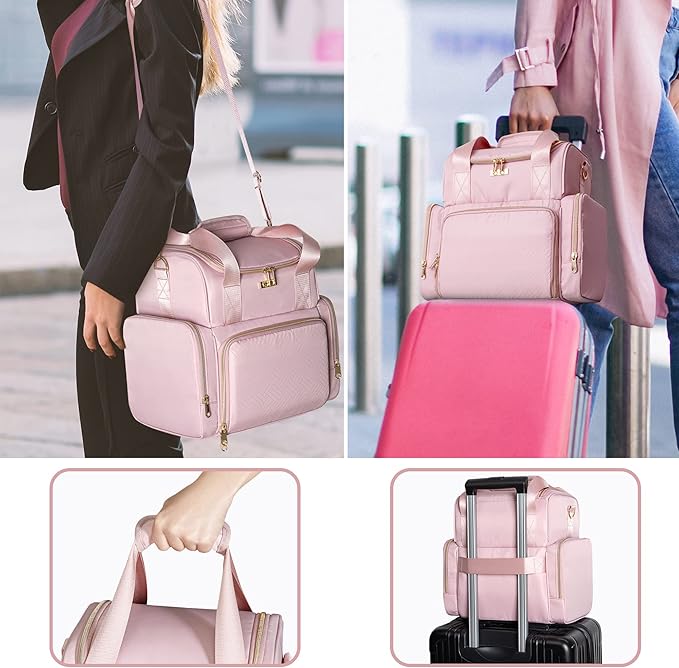 Prokva Large Makeup Cosmetic Bag with 3 Removable Case, Double Layer Travel Makeup Organizer Case with Inner Dividers and Makeup Brushes Storage Section, Pink (Patented Design)