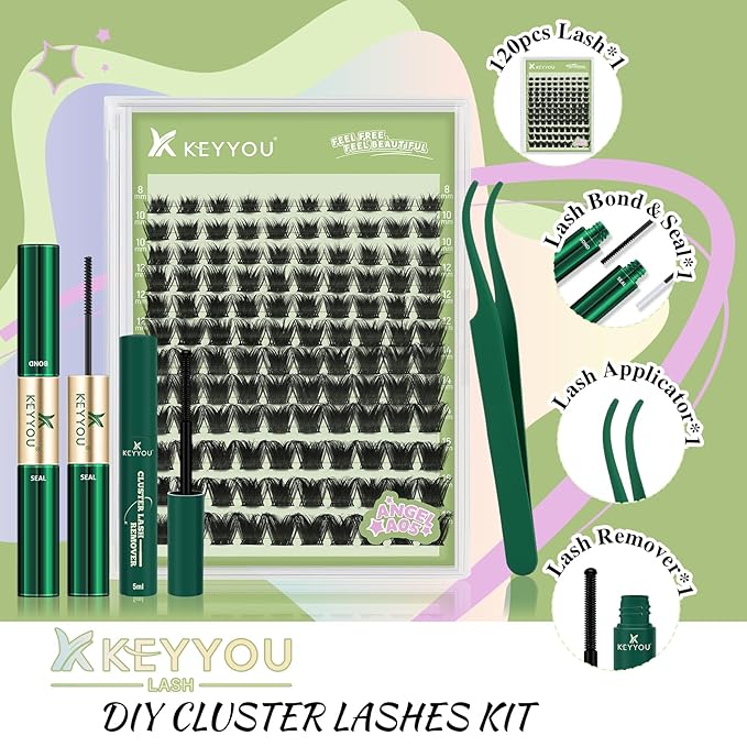 KEYYOU LASH Extension Kit 144Pcs Angel Lash Clusters Kit Thick Eyelash Extension Kit with Glue and Seal,Tweezers,Remover for DIY lash extension kit at Home（Kit-Angel A05-D-8-18MIX）